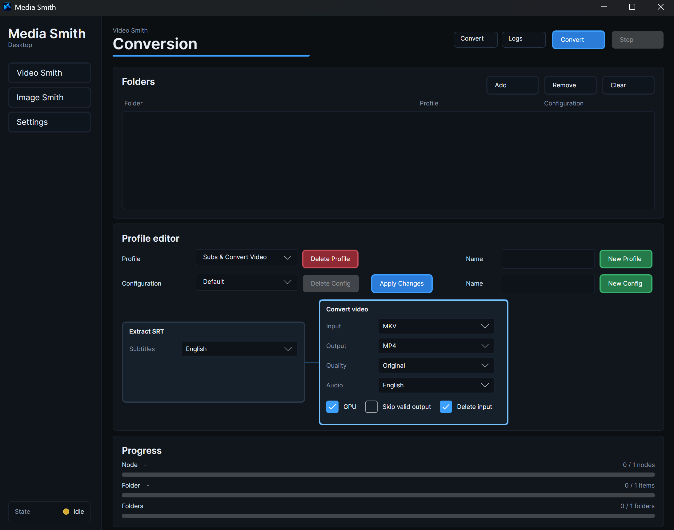 Media Smith video conversion screen with folder queue and profile controls